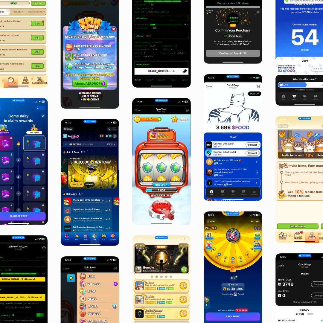 Screenshots of gaming apps on Telegram